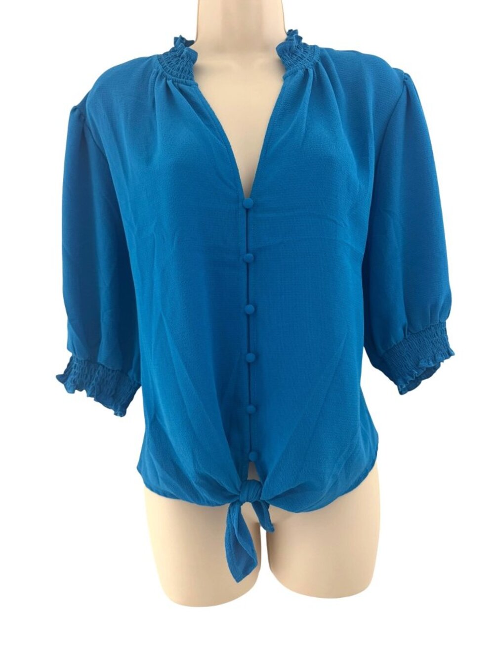 CeCe Teal Blue Short Puff Sleeve Smock Neck Top Tie Waist Size XXL Shirt Blouse